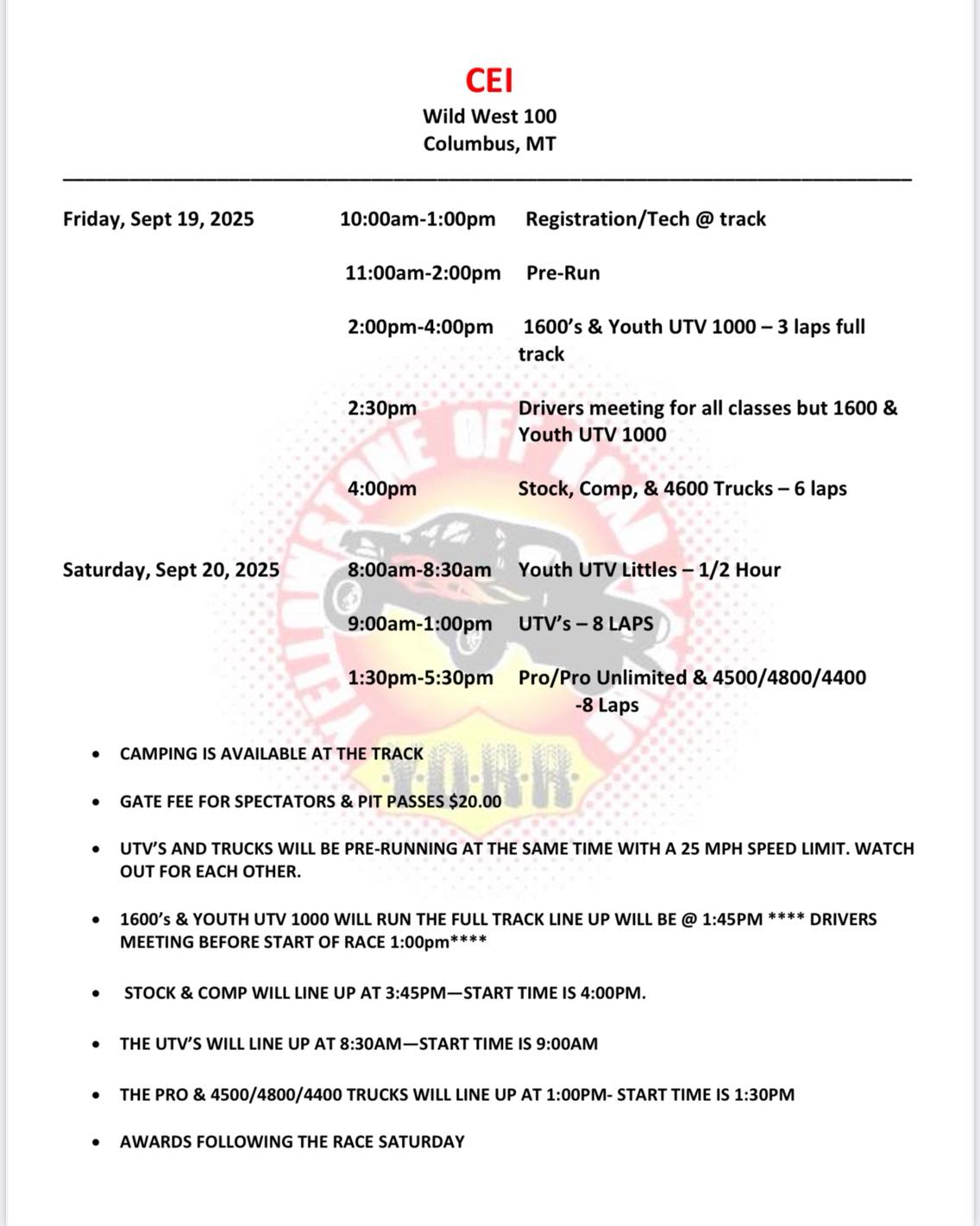 2025 Cei Wild West 100 Schedule Of Events