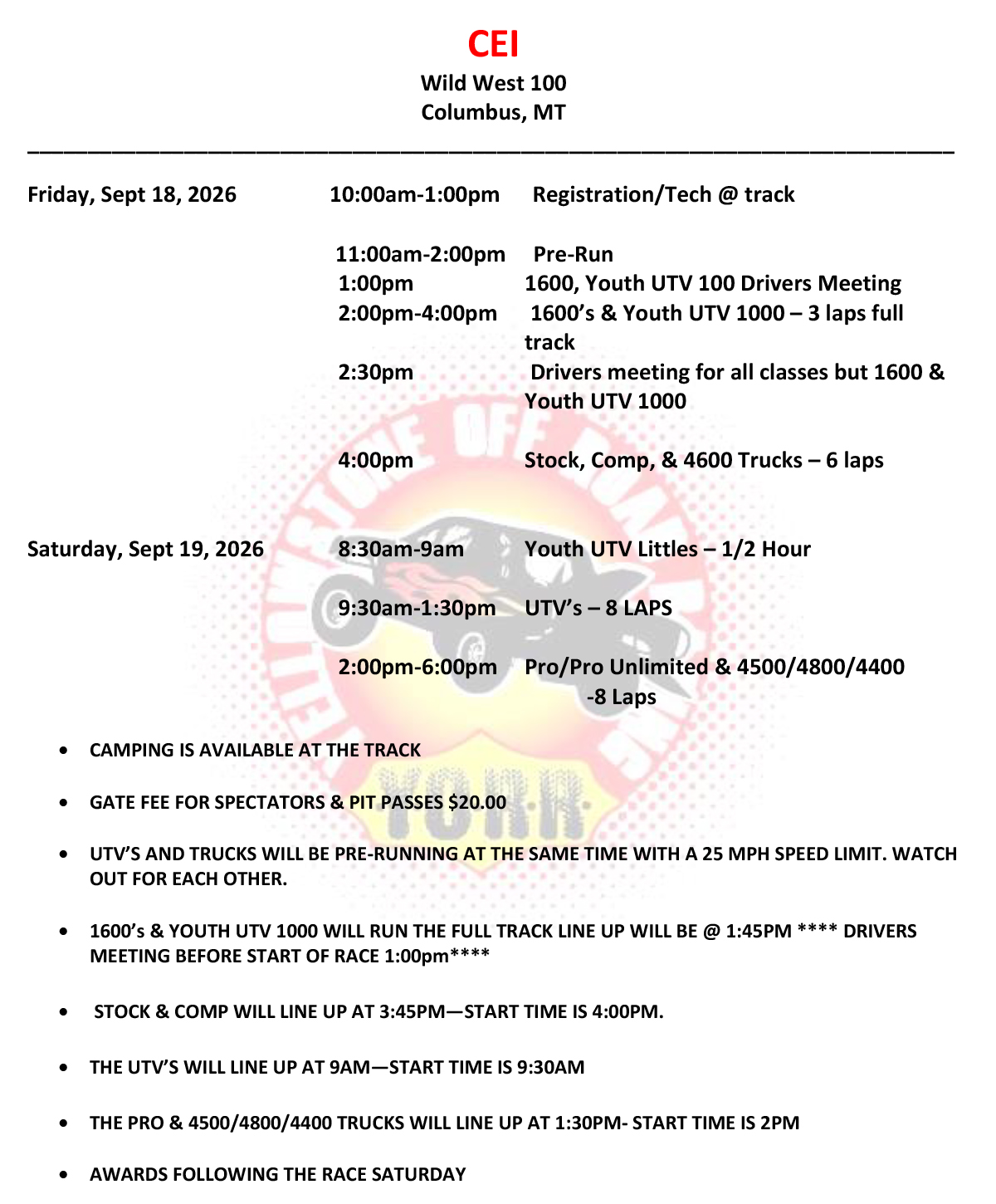 2026 Cei Wild West 100 Schedule Of Events