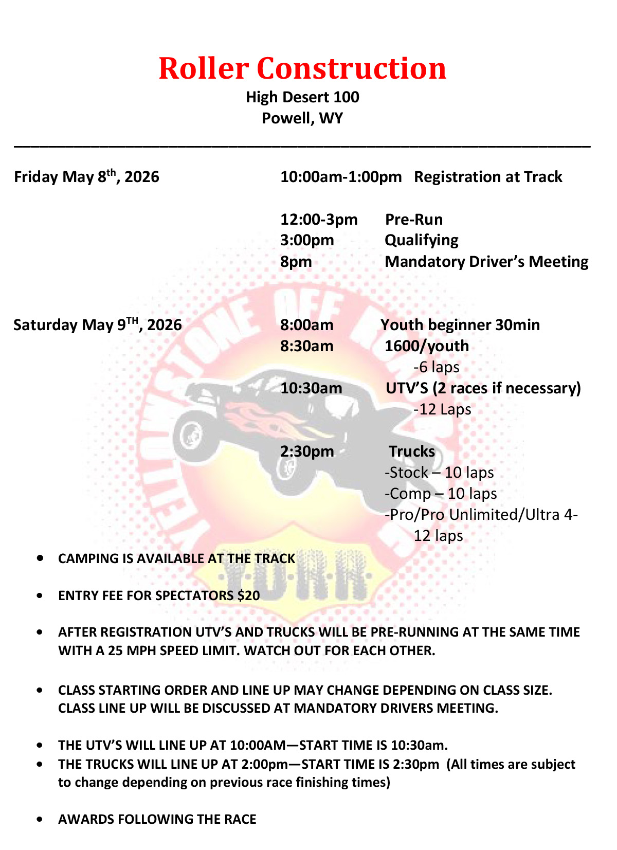 2026 High Desert 100 Schedule